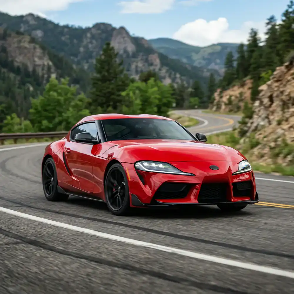 Red sports coupe viewed from a dynamic front angle