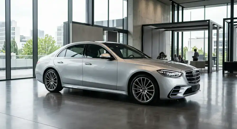 Silver executive luxury sedan parked on a sleek showroom floor