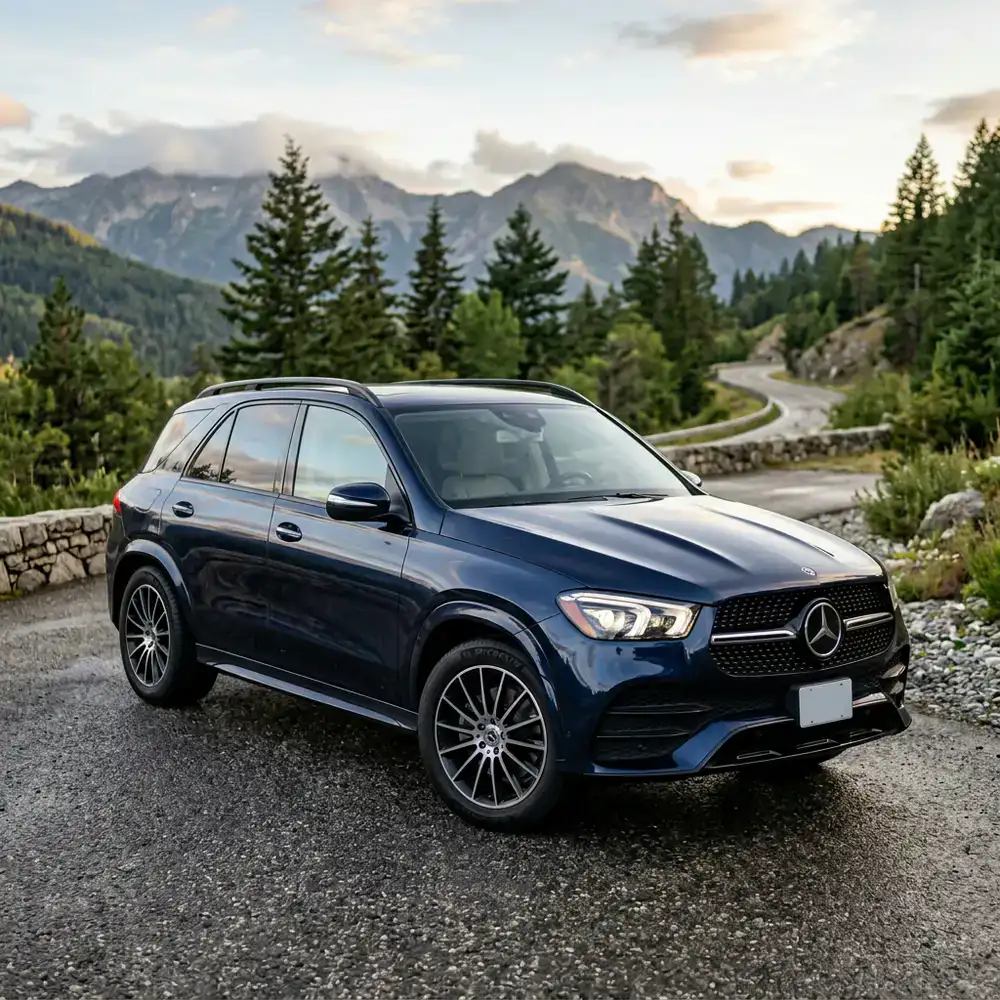 Dark blue premium SUV showcased outdoors